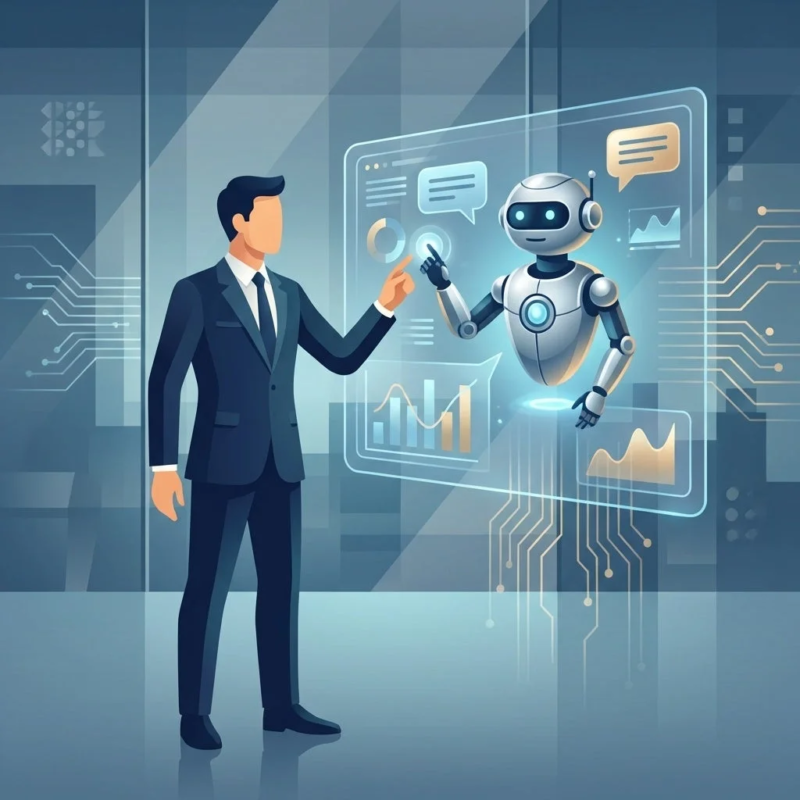 ビジネスマンがホログラム表示されたAIロボットと対話しており、データ分析やテクノロジーを活用した未来の共同作業を示唆しています。