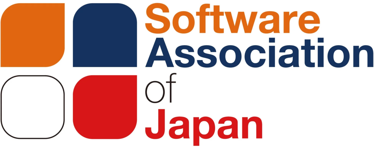 「Software Association of Japan」のロゴです。オレンジ、紺、赤の丸みを帯びた四角形と、白抜きの四角形が特徴的なデザインです。