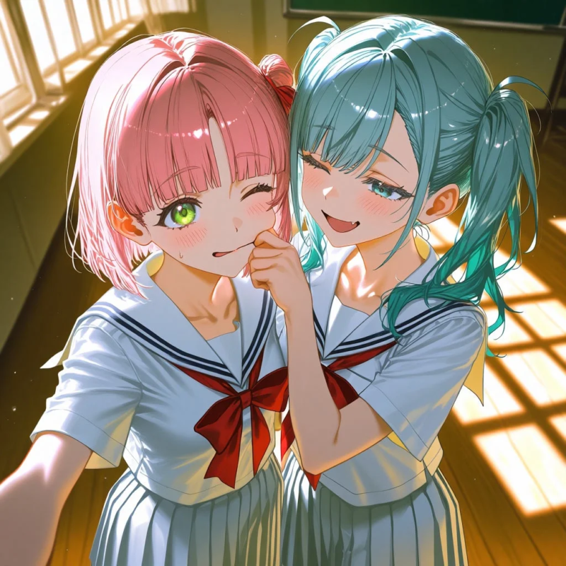 教室でセーラー服を着た2人の女子生徒が、ピンク髪の女の子の頬を青髪の女の子が優しくつまんで笑顔を見せている様子。仲の良い友人同士の楽しげな瞬間を捉えたイラストです。