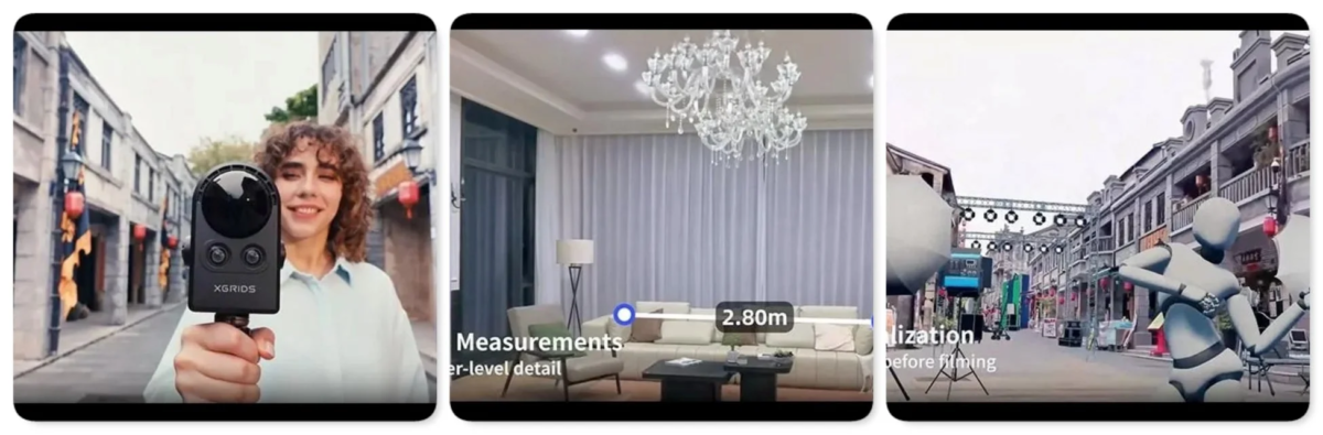 XGRIDSデバイスの活用例を示す3つのシーン。女性がデバイスを持ち、室内の空間測定（2.80m）や撮影前のバーチャルプレビジュアライゼーションを表示。空間認識技術のデモンストレーションです。