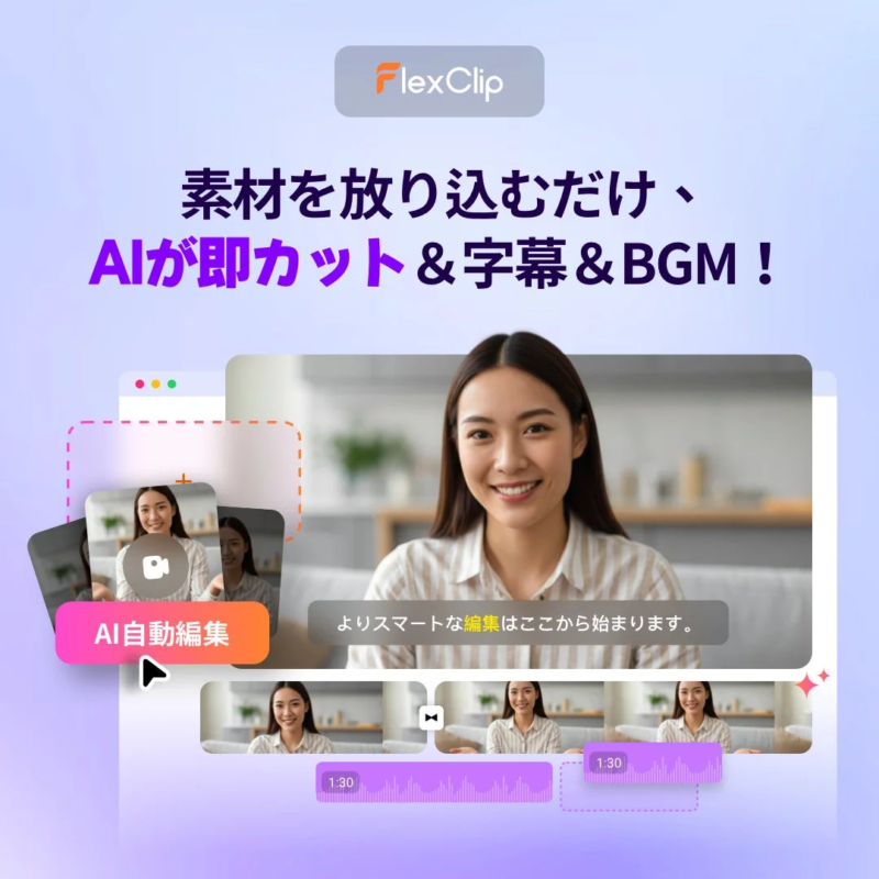 FlexClipのAI自動編集ツールを紹介する画像。素材をアップロードするだけで、AIが自動でカット、字幕、BGMを生成し、スマートな動画編集を可能にします。