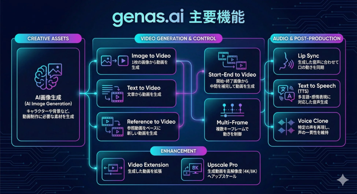 genas.aiの主要機能を示す図。AI画像生成、テキスト・画像からの動画生成、リップシンク、TTS、ボイスクローン、動画拡張、高解像度化など、包括的な動画制作・編集機能を提供します。