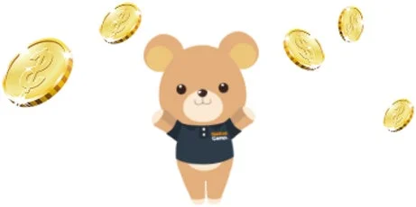 クマのキャラクターがコインとドルマークに囲まれているイラスト