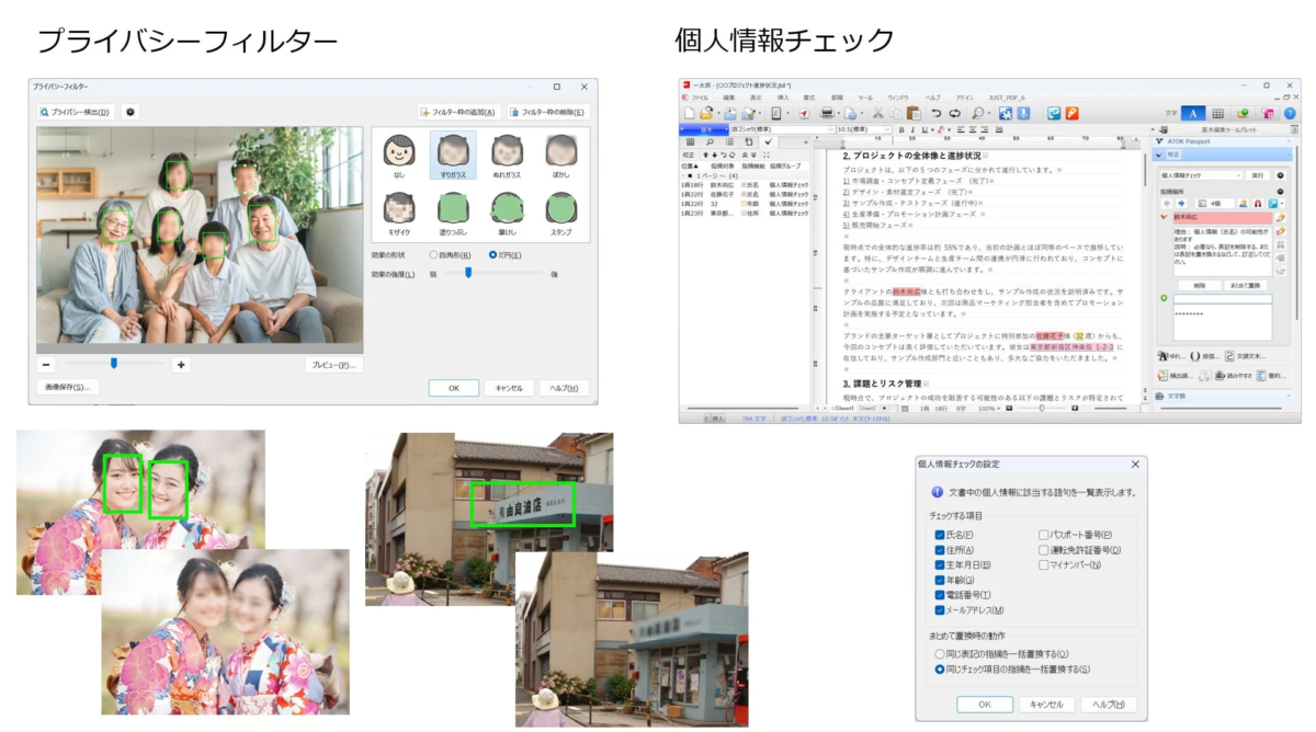 プライバシーフィルターと個人情報チェック機能のソフトウェア画面