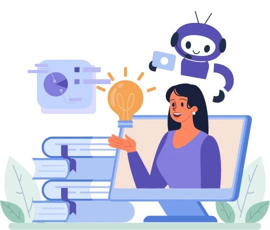 オンライン学習、デジタル教育、AIを活用した知識獲得を象徴するイラスト