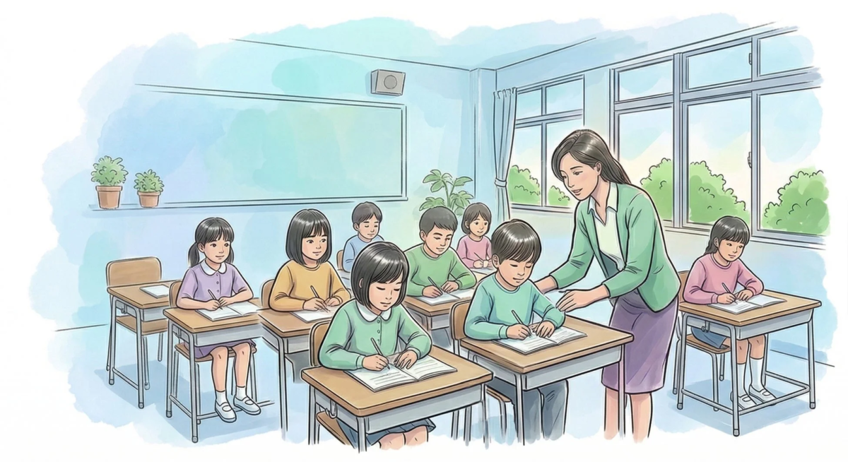 教室で先生が生徒たちに勉強を教えている様子