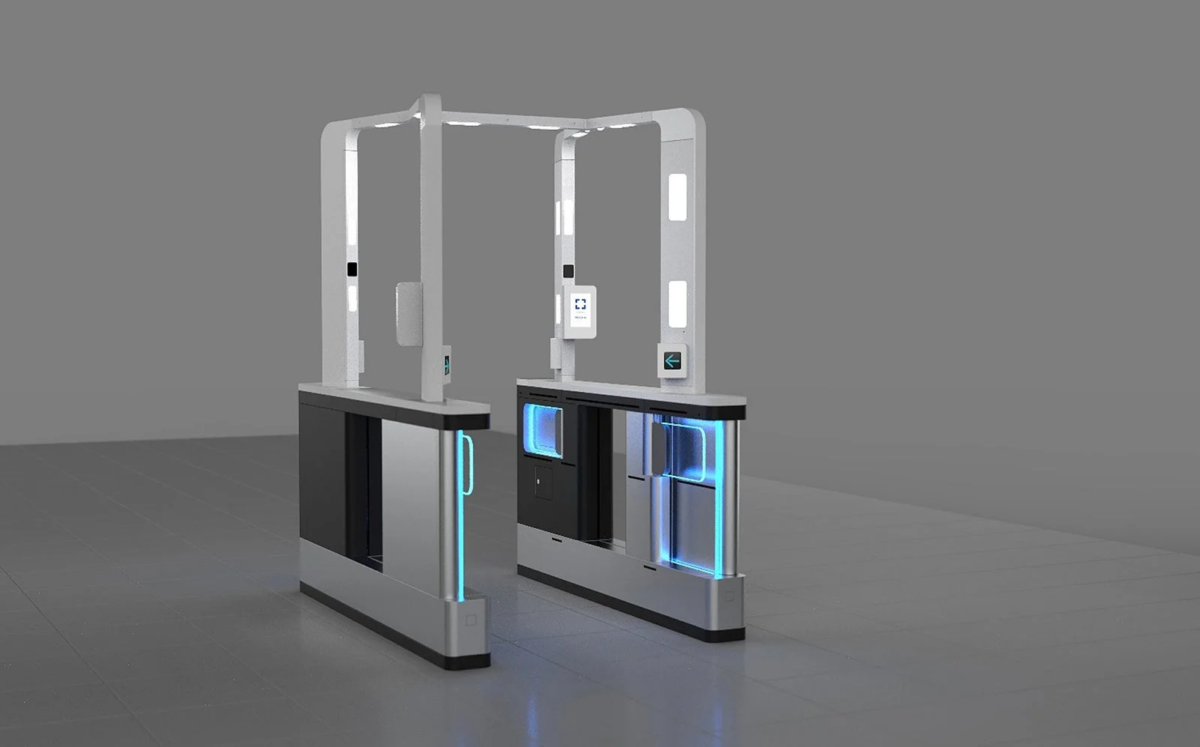 未来的なデザインのウォークスルー型顔認証改札機