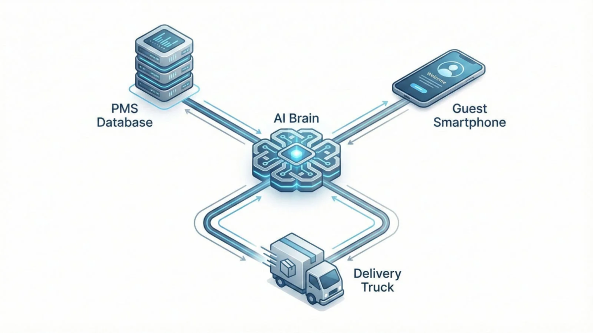 AI Brainを中心としたシステム連携の図で、PMSデータベース、ゲストスマートフォン、配送トラックが相互に接続され、情報の流れを示しています。