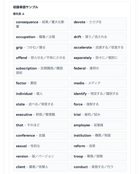 英語の単語とその日本語訳がリスト形式で表示されています。「収録単語サンプル」と題され、「優先度 A」の分類で約30個の単語が左右2列に並んでいます。英語学習用の教材や単語帳の一部と考えられます。