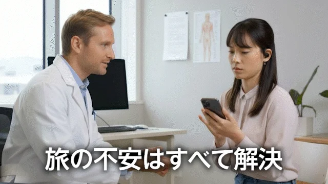 医療機関のような場所で、白衣を着た医師が女性患者に話しかけています。女性はスマートフォンを操作しており、壁には人体図のポスターが見えます。画像には「旅の不安はすべて解決」というテキストが重ねられています。