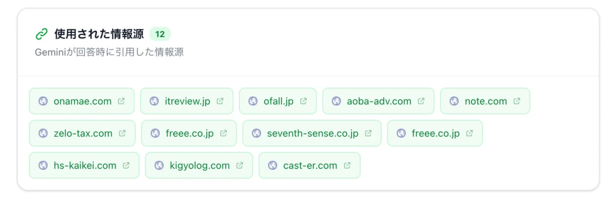 Geminiが回答時に引用した12の情報源のリスト