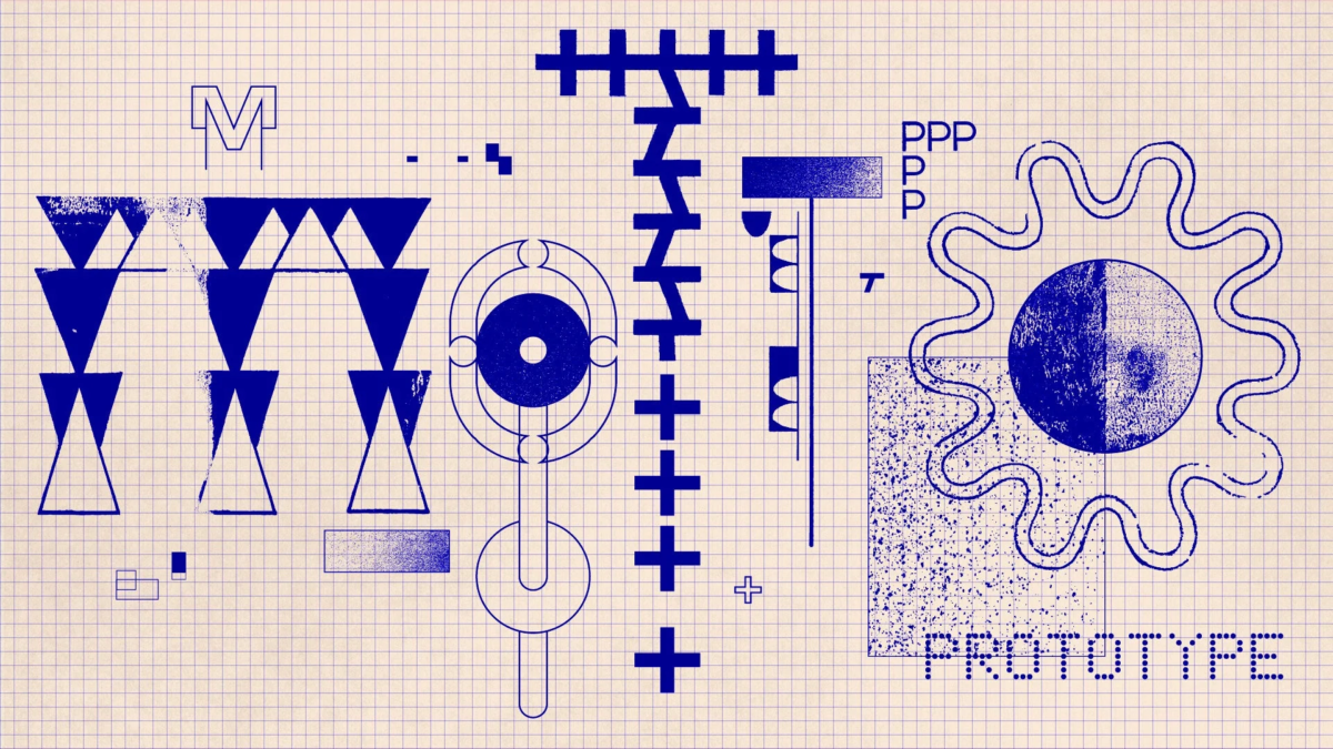 クリーム色のグリッド背景に、青い幾何学的な図形、抽象パターン、文字が配置されたデジタルアート。三角形、円、歯車状のモチーフや「PROTOTYPE」の文字が見られ、レトロで技術的なコンセプトを表現している。