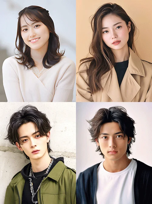 二人の女性と二人の男性の計四人の若者のポートレートをまとめたものです。それぞれ異なるヘアスタイルやファッションを身につけ、カメラに視線を向けています。若々しく、現代的な雰囲気の人物写真です。