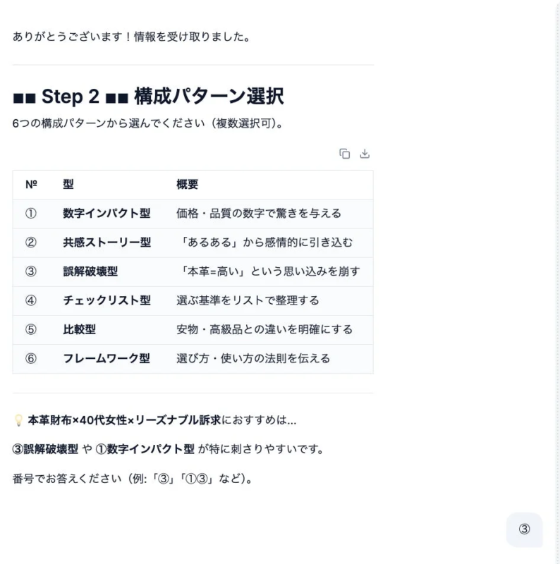 ありがとうございます！情報を受け取りました。■■ Step 2 ■■ 構成パターン選択6つの構成パターンから選んでください（複数選択可）。