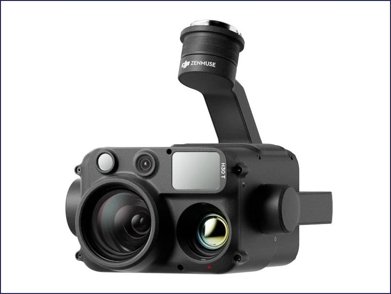 DJI Zenmuse H30Tと思われる、複数のレンズとセンサーを備えた黒い高機能ジンバルカメラモジュールです。