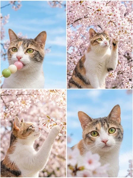 桜の花と愛らしい猫のコラージュ画像です。猫が桜に囲まれていたり、三色だんごを口にしている様子が捉えられており、春の穏やかな雰囲気を伝えています。