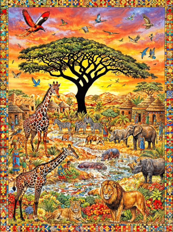 アフリカのサバンナの夕暮れ時を描いた鮮やかなイラストで、巨大なアカシアの木を中心に、キリン、ゾウ、シマウマ、ライオンなどの多様な野生動物と、川やアフリカの村で暮らす人々が共存する豊かな自然の情景が表現されています。