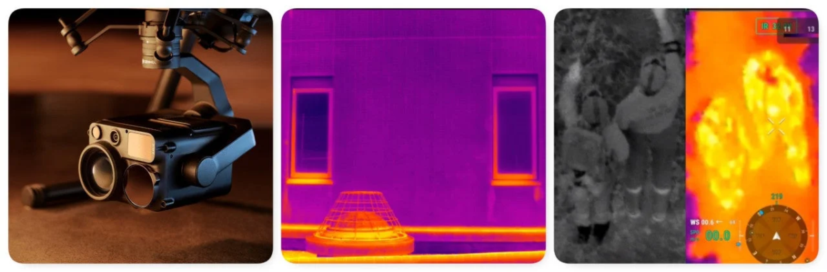 ドローンに取り付けられたカメラとジンバル、屋内の熱分布を示すサーマル画像、そして通常のグレースケール画像と人物の熱源を示すサーマル画像を組み合わせた、複数の映像技術を示す画像です。