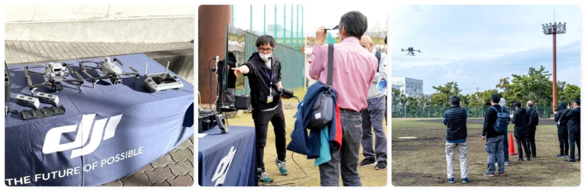 DJIドローンの展示、説明、そして飛行デモンストレーションの様子を捉えています。