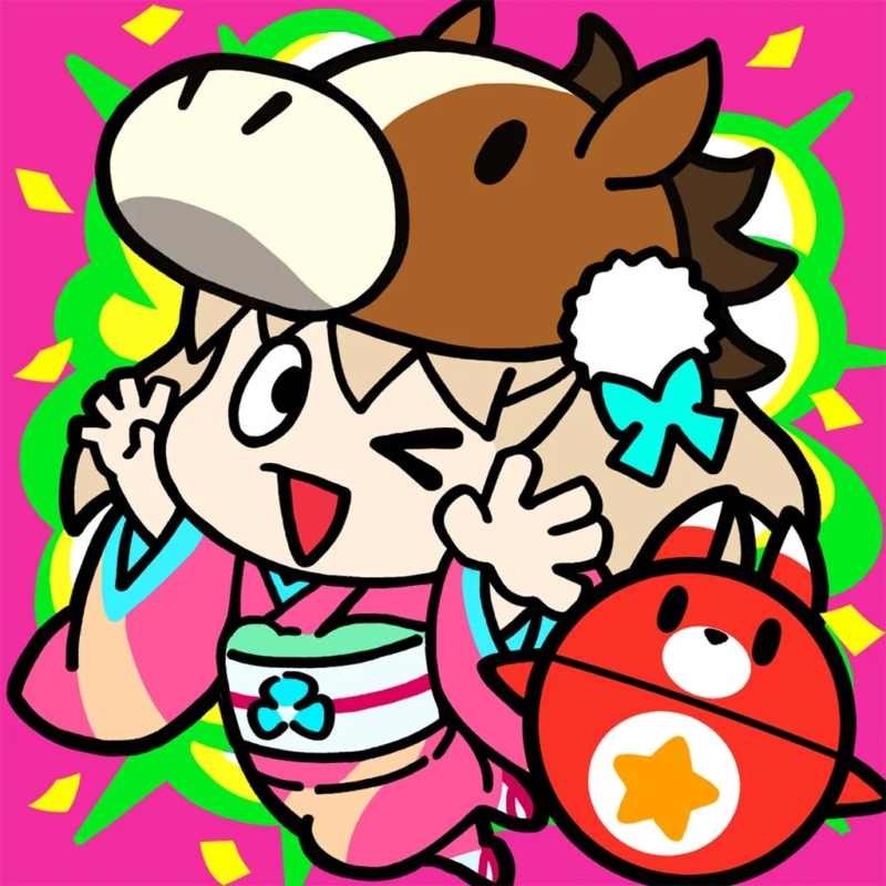 ピンクと緑を基調とした背景に、馬の着ぐるみを着た笑顔のアニメ風キャラクターが描かれています。横には赤いキツネのようなキャラクターがおり、全体的に明るくポップなイラストです。