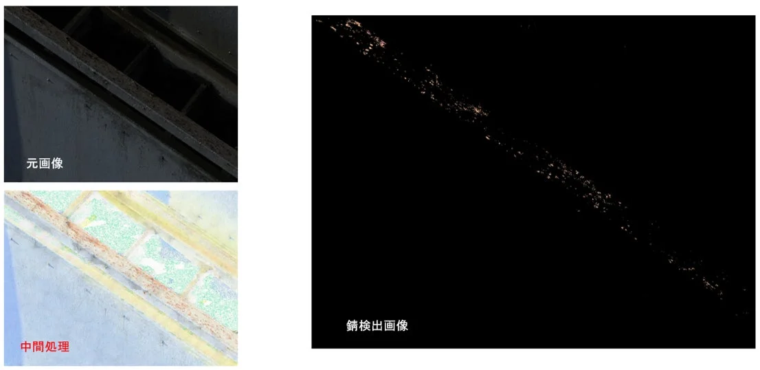 元画像、中間処理、錆検出画像