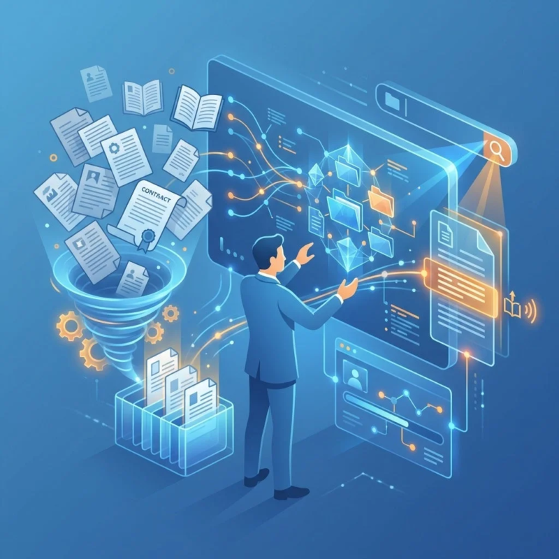 ビジネスマンが大量の書類をデジタル処理し、データ管理システムを操作するイラスト