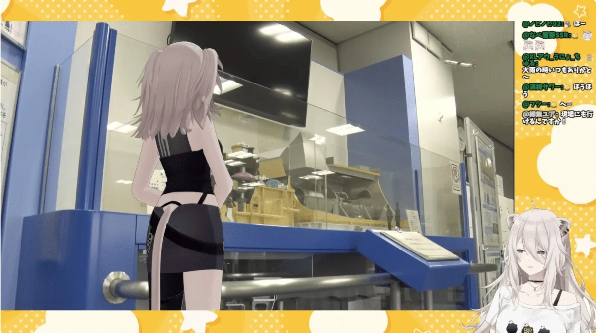 工場見学のような場所で展示物を見る獅白ぼたん