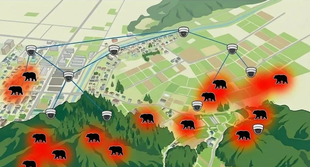 地図上に、複数の監視カメラが設置されたネットワークと、山間部から市街地や農地へ侵入するクマの群れが描かれています。クマの生息域や活動範囲が赤く示されており、獣害対策システムを示唆しています。