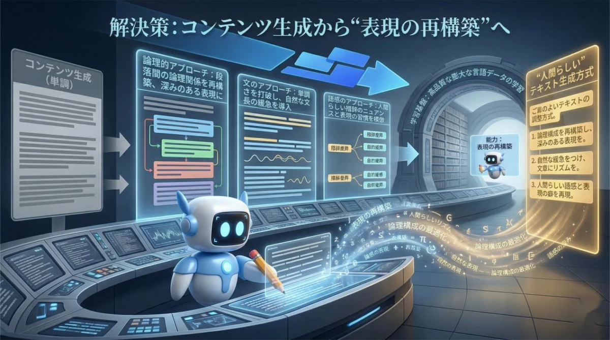 AIによる「人間らしい」テキスト生成方式の進化を図解した画像。単調なコンテンツ生成から脱却し、論理・文・語感の３つのアプローチで表現を再構築するプロセスを示す。高品質な言語データ学習を基盤に、ロボットが操作する未来のテキスト生成システムが表現されている。