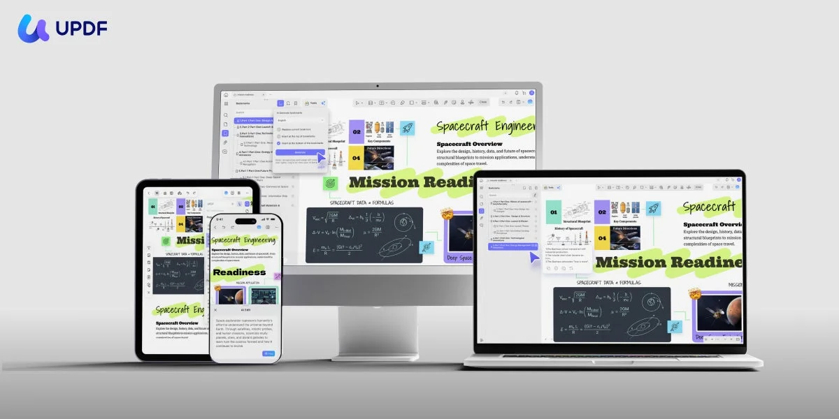 UPDFアプリがPC、タブレット、スマートフォンで動作し、宇宙工学に関する資料を編集・表示している。数式や概念図を含むドキュメントが、異なるデバイス間で一貫して利用できることを示している。宇宙探査の概要も記載されている。