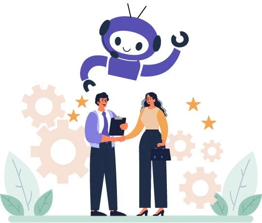 AIロボットが見守る中、二人のビジネスパーソンが握手をしているイラスト