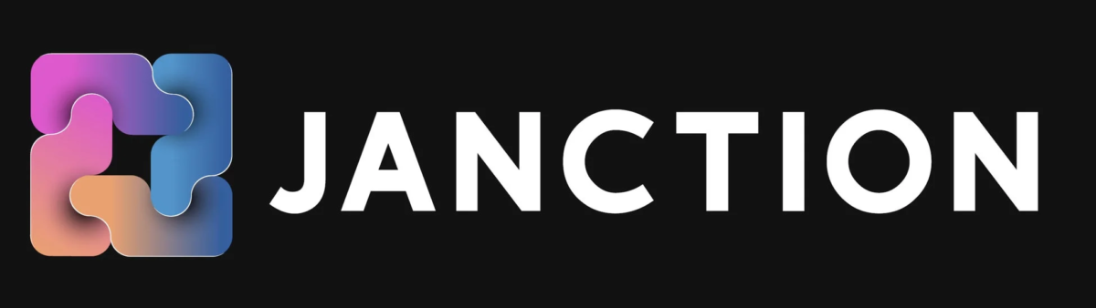 黒い背景に「JANCTION」という白いロゴテキストが大きく表示されています。その左隣には、ピンク、紫、青、オレンジなどのグラデーションカラーで構成された、曲線的なパズルピースのような抽象的な図形が配置されています。
