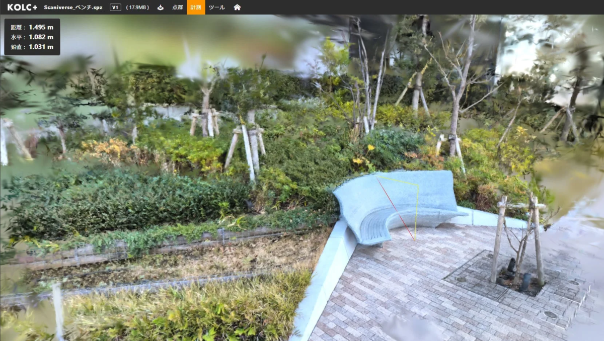 公園のベンチと周囲の植生を点群データで表現した画像