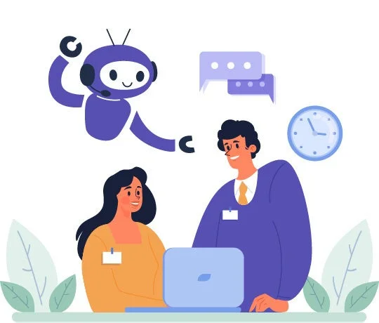 チャットボットが人間と協力して顧客サポートやビジネスコミュニケーションを行う様子