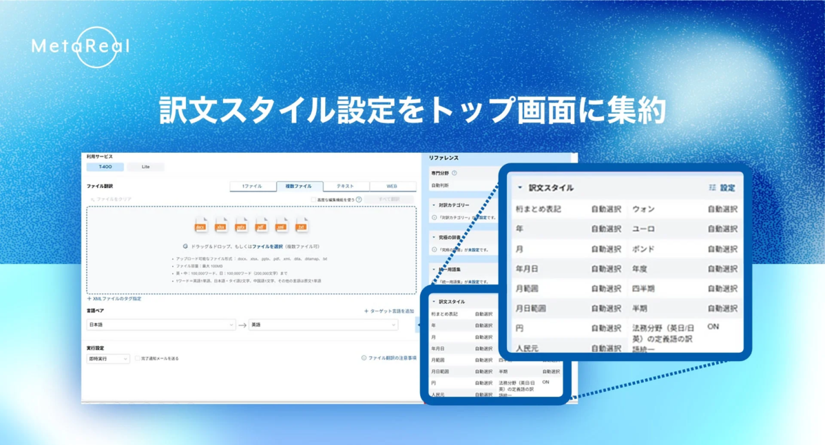 MetaReal翻訳サービスのUIで、ファイル翻訳機能と訳文スタイル設定がトップ画面に集約されています。数値や日付、専門用語などのスタイル調整が可能で、日本語から英語への翻訳設定画面を示しています。