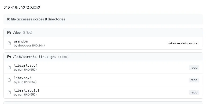 ファイルアクセスログが表示されており、/dev/urandomへの書き込みや、/lib/aarch64-linux-gnu内の複数のライブラリファイルへの読み込みなど、10件のファイルアクセスが記録されています。