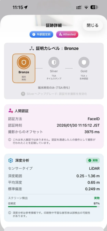 モバイルアプリの証跡詳細画面。FaceIDによる人間認証情報、Bronzeレベルの証明力、LiDARセンサーによる深度分析結果が表示され、認証時刻や信頼度などの詳細が確認できます。
