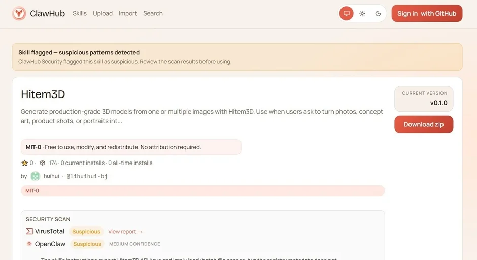Hitem3DがClawHubに掲載されている様子
