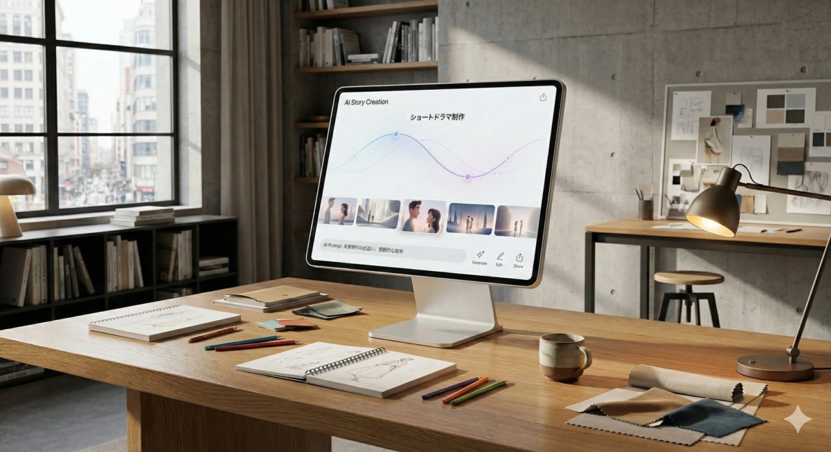 都会の景色が見えるモダンなワークスペース。机の上にはAIストーリー制作アプリが表示された大型タブレットがあり、「ショートドラマ制作」の画面が見える。スケッチブックや色鉛筆、生地見本などが置かれ、クリエイティブな作業環境がうかがえる。