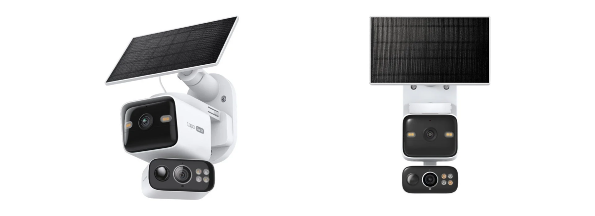 ソーラーパネル付きの白い屋外用監視カメラが、異なる角度から2つ並べて表示されています。デュアルレンズを搭載し、ワイヤレスで動作する防犯カメラです。
