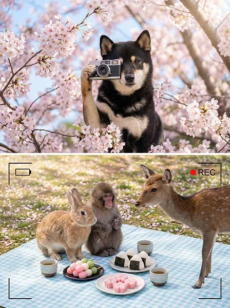 満開の桜の下、カメラを構える柴犬と、お花見ピクニックを楽しむうさぎ、サル、鹿が描かれた合成写真。おにぎりや団子など日本の食べ物も並び、春の訪れを感じさせるユーモラスで可愛らしい一枚です。