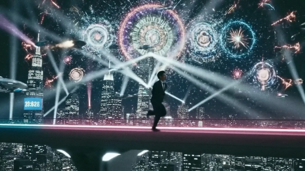 未来都市の夜景を走る男性