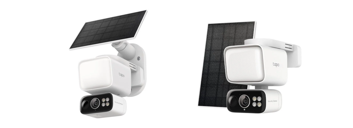 ソーラーパネルを搭載した白い屋外用防犯カメラが2台写っています。ワイヤレスで設置可能で、セキュリティ監視や照明機能を備えた製品です。