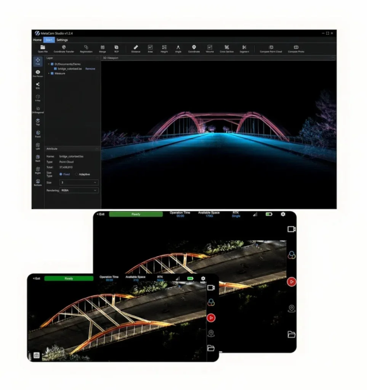 橋の3D点群データソフトウェア「MetaCam Studio」の画面と、ドローンによる夜間の橋のリアルタイム映像です。デジタルモデルと実際の夜景が対比され、測量・建設分野での先進技術活用を示します。