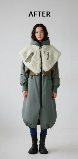 女性,モデル,ファッション,アウター,ロングコート,ボアベスト,冬服,カジュアル,ブーツ,グリーン,カーキ,アイボリー