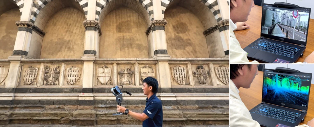 男性が歴史的建造物を3Dスキャナーで測定し、別の人物がMSIのノートパソコンでスキャンデータと点群モデルを確認