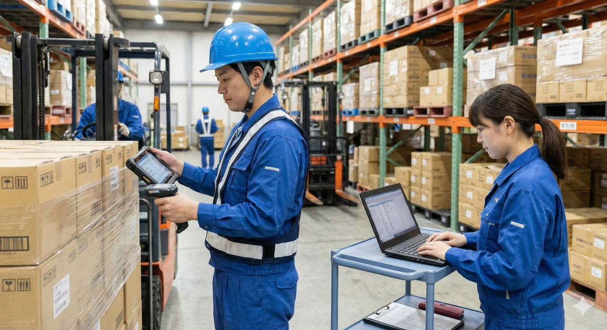 倉庫内で作業員がハンディターミナルを使い、ノートパソコンでデータ入力を行う風景