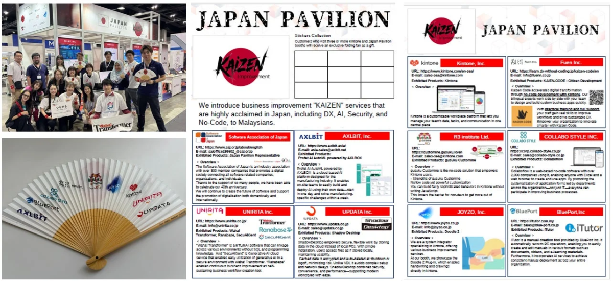 展示会のJAPAN PAVILIONブースで、スタッフと訪問者が集まっています。DX、AI、セキュリティ、ノーコードを活用した「KAIZEN」ビジネス改善サービスをマレーシア向けに紹介しており、参加企業のロゴ入り扇子も展示されています。
