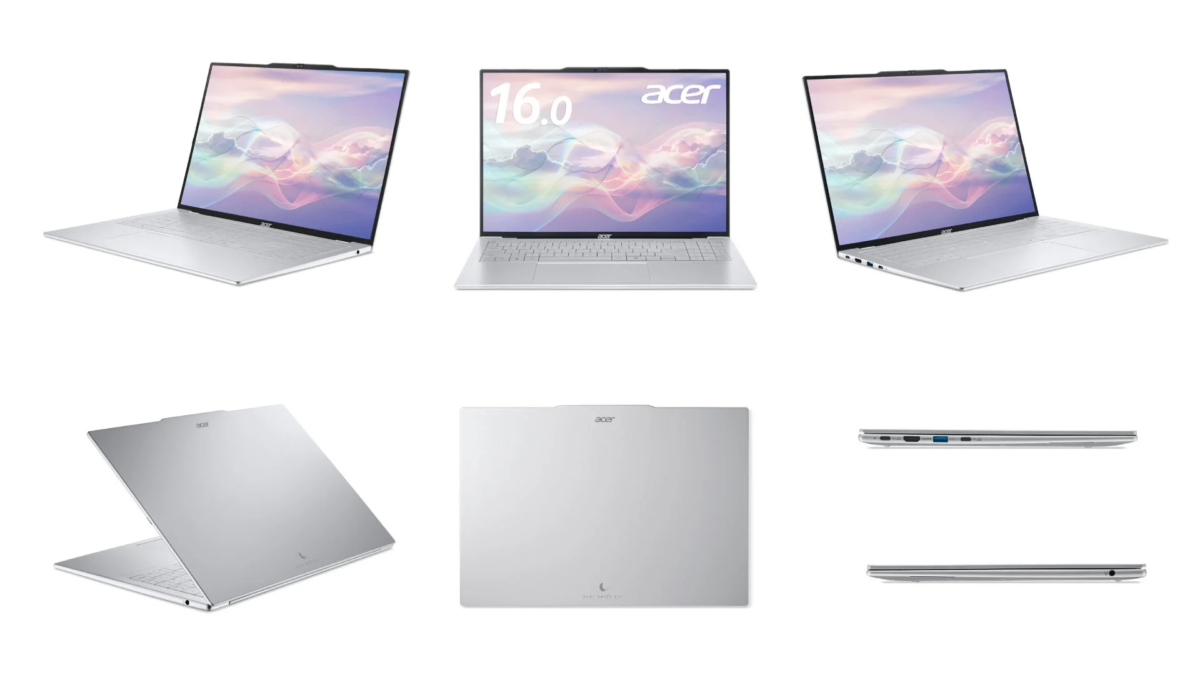 シルバーのAcer Swift Go 16ノートパソコンが様々な角度から写されています。16.0インチのディスプレイと、薄型でモダンなデザインが特徴です。