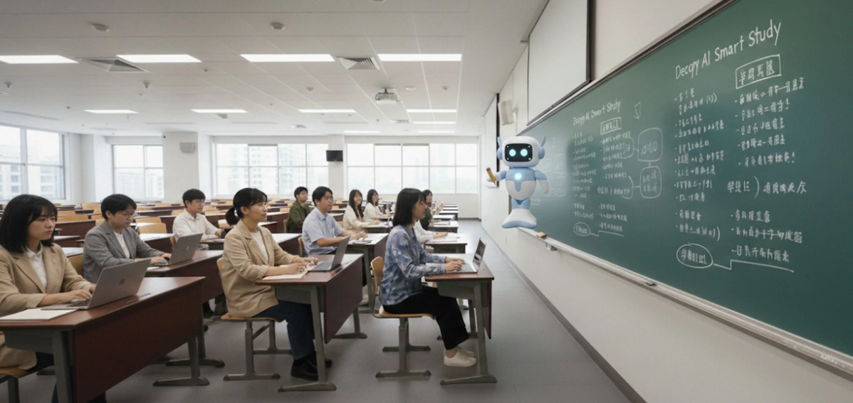 学生たちがノートパソコンで学習する教室の様子。黒板には「Decqy AI Smart Study」と学習内容が示され、AIロボットが投影されている。AIを活用した現代的な教育風景を表している。